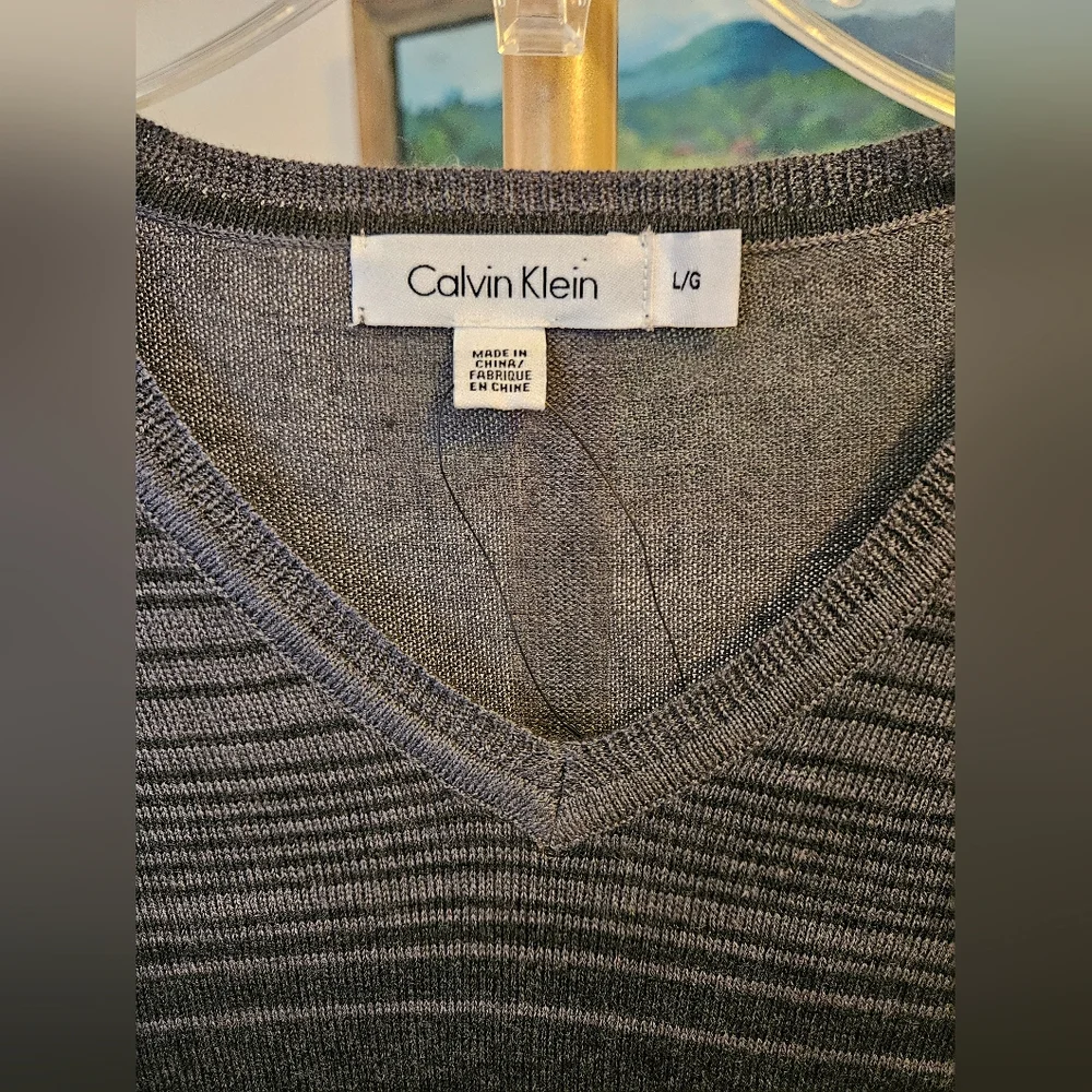 Calvin Klein Charcoal and Black Knit Striped Sweater Sz Lg